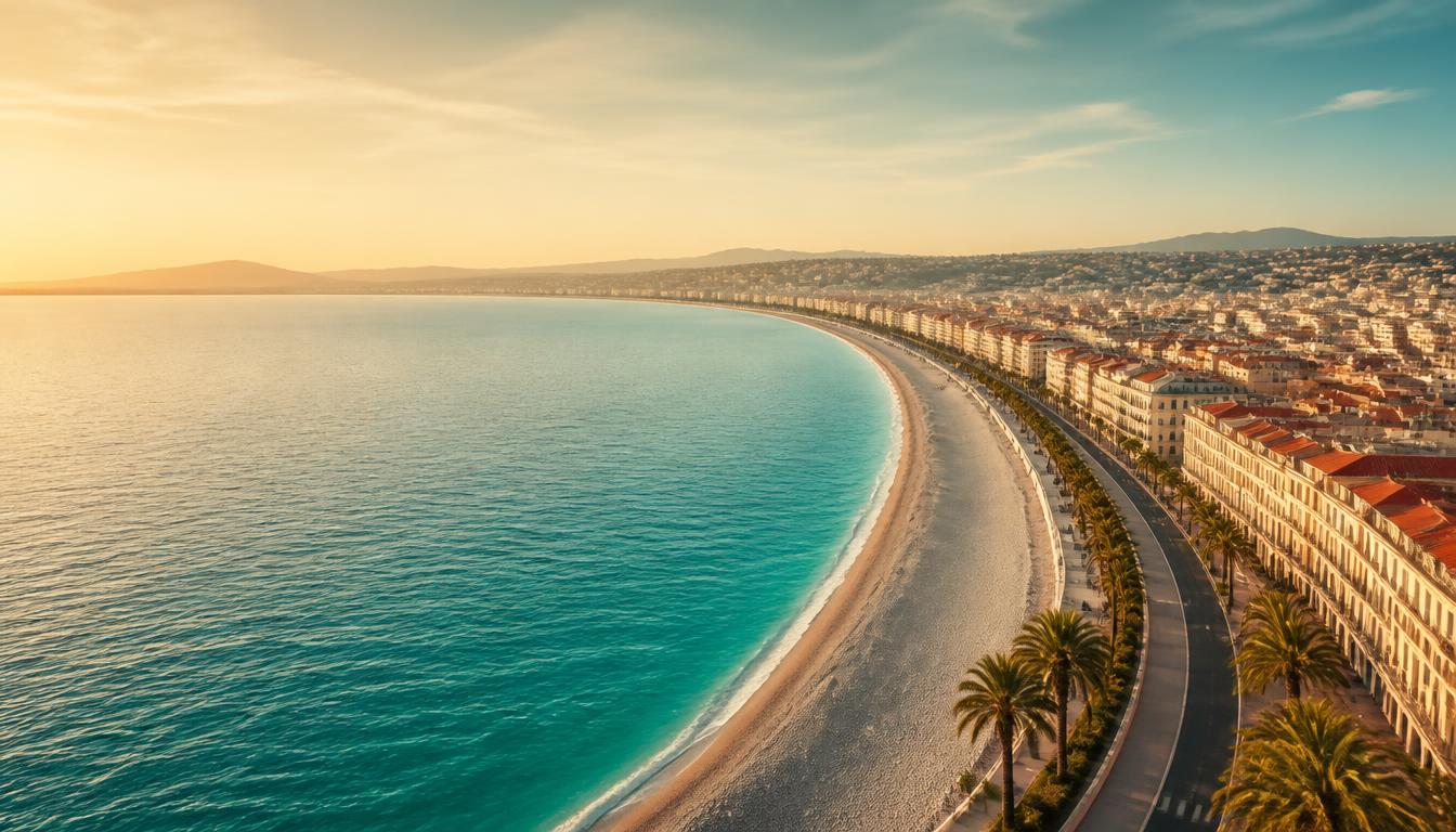 Vue aérienne de la Baie des Anges à Nice, où est basé le cabinet ALKOR